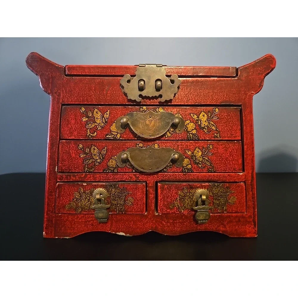 Old Chinese Red lacquerware Wood Dragon Phoenix Flower Drawer Makeup Box